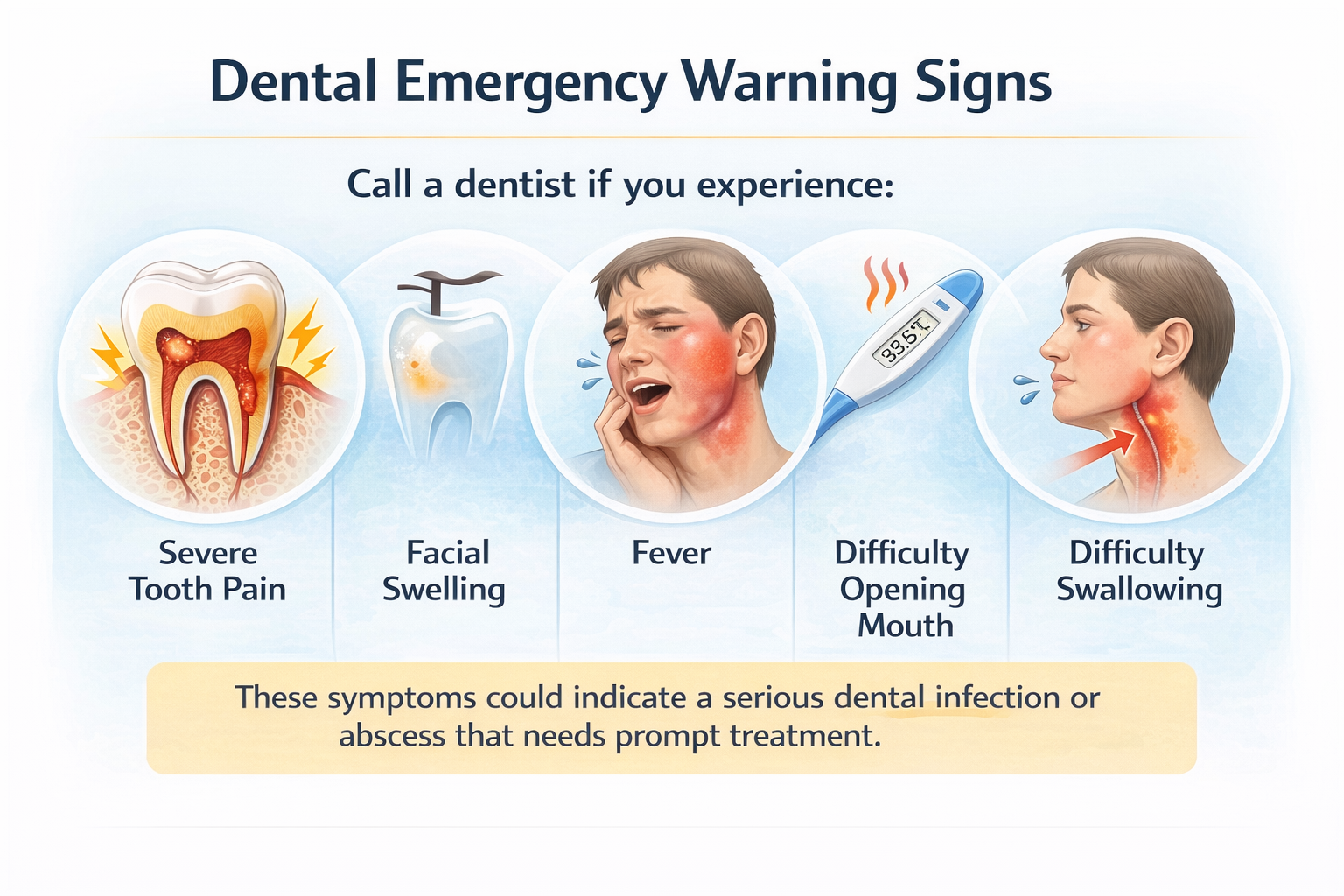 Dental emergency warning signs including severe tooth pain, facial swelling, fever, difficulty opening mouth and swallowing